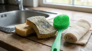 Spugne per piatti usurate con muffa accanto a una spazzola verde e un panno vicino al lavandino