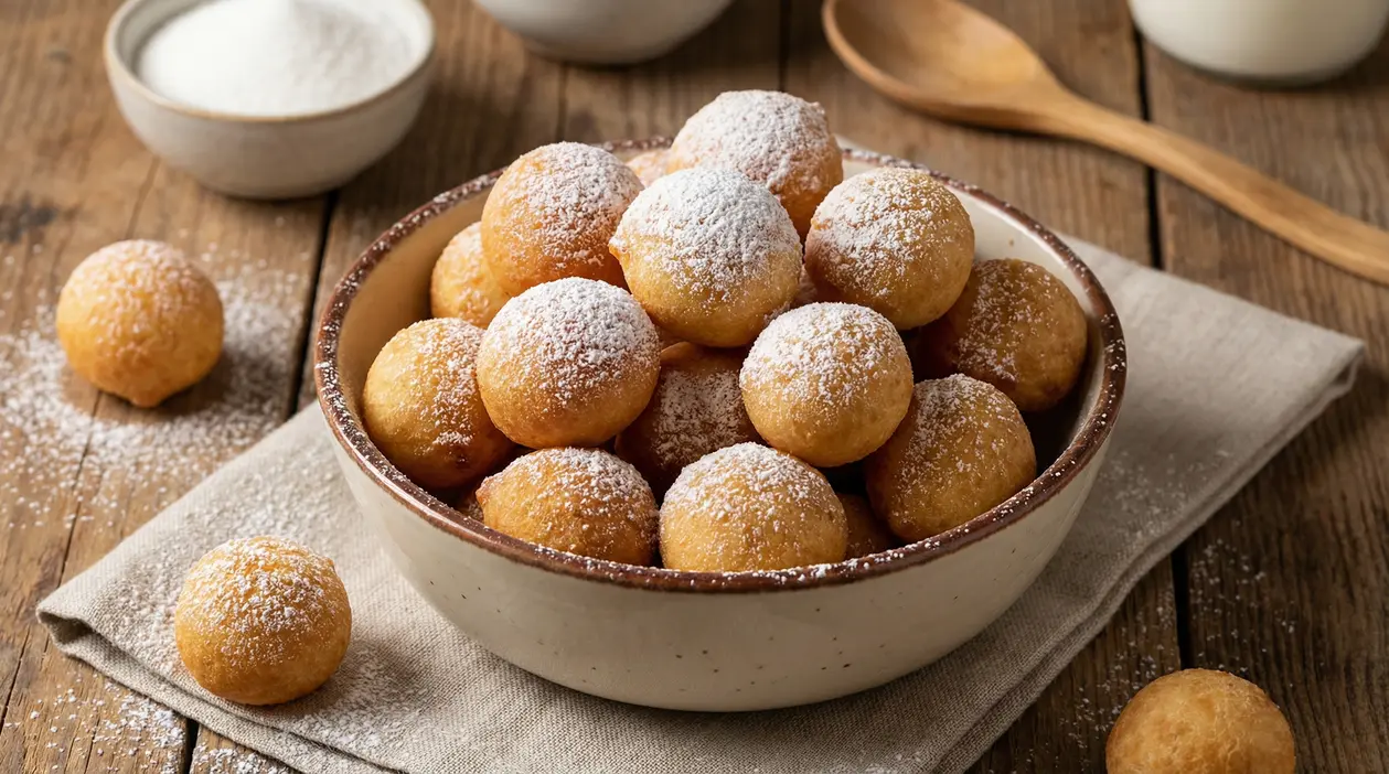 Ciotola con castagnole dorate e soffici spolverate di zucchero a velo su tavolo rustico