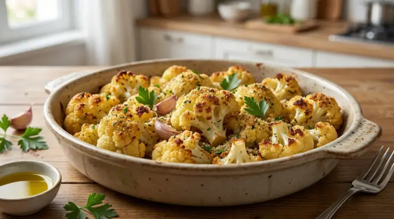 Cavolfiore arrosto in una teglia con aglio, prezzemolo e pangrattato