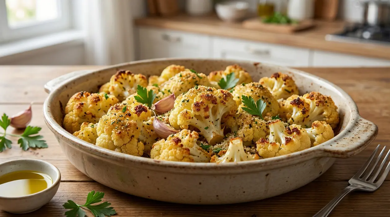 Cavolfiore arrosto in una teglia con aglio, prezzemolo e pangrattato
