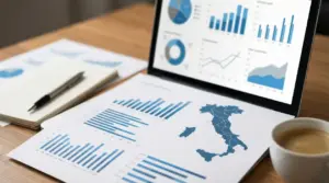 Grafici e mappa dell'Italia su fogli e schermo, con tazza di caffè su scrivania