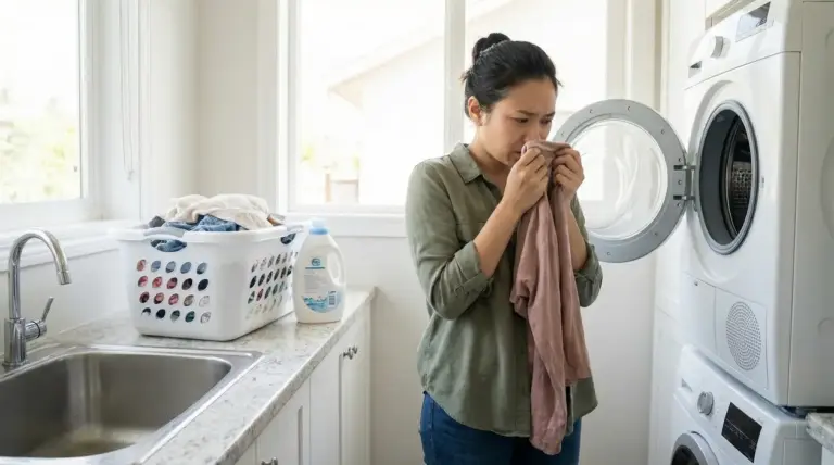 Persona annusa un capo davanti alla lavatrice cercando la causa di un cattivo odore