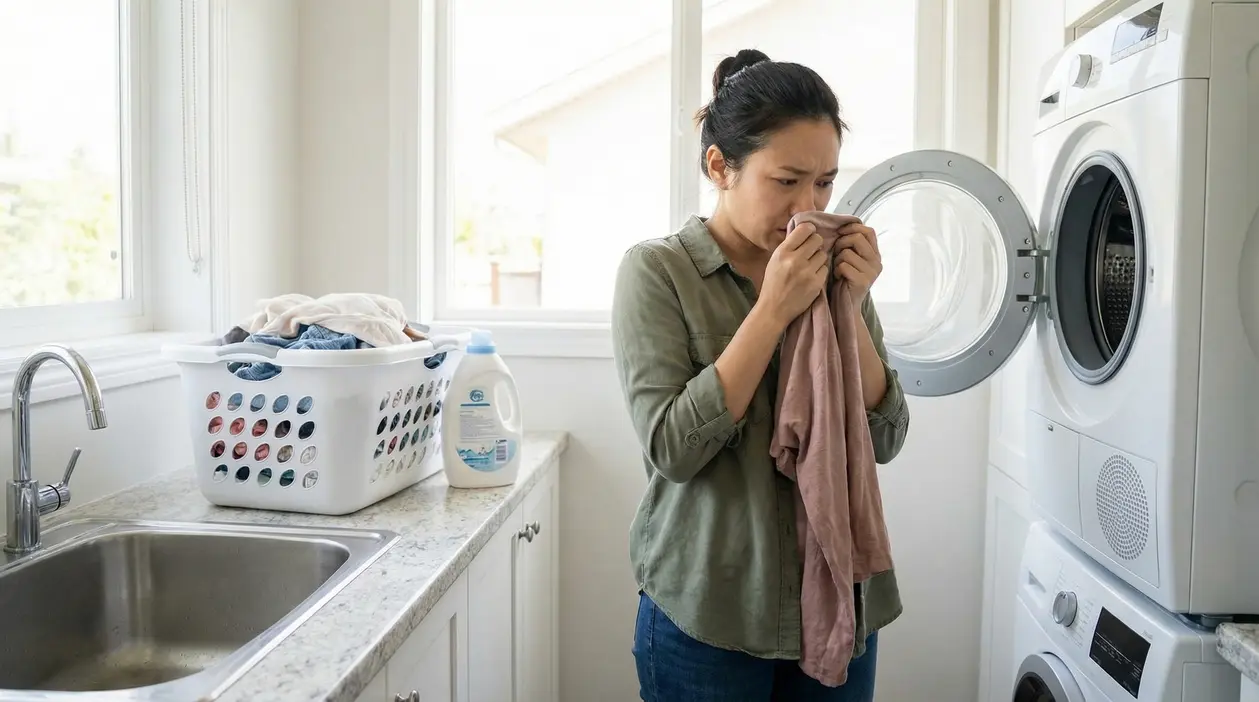 Persona annusa un capo davanti alla lavatrice cercando la causa di un cattivo odore