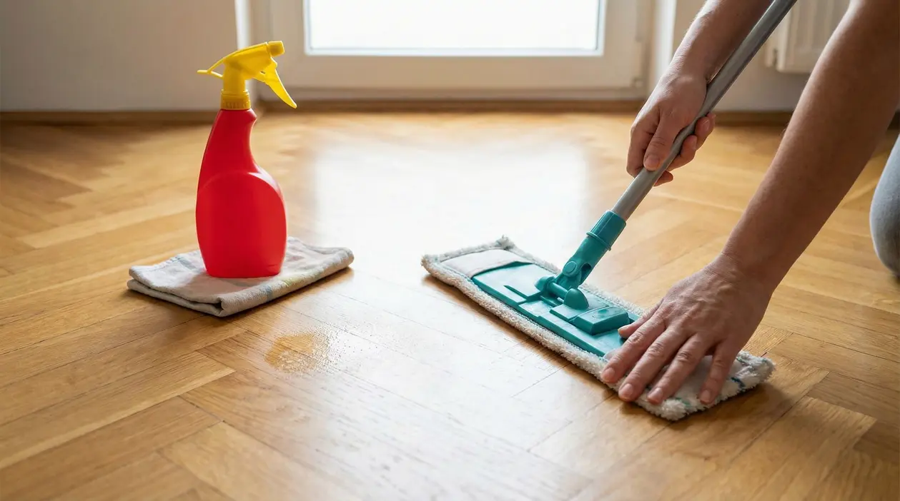 Mani che puliscono un pavimento in parquet con un panno e un detergente spray