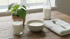 Ciotola di latte fermentato accanto a bicchiere di latte e pianta verde su un tavolo in legno