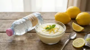 Crema al limone in una ciotola di vetro con limoni freschi e una bottiglia su tavolo rustico.
