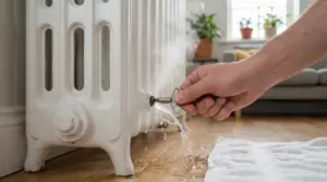 Una mano purga un termosifone con una chiave mentre fuoriesce acqua sul pavimento.