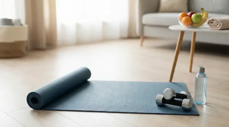 Tappetino da fitness con manubri e borraccia su un pavimento di legno in un ambiente domestico