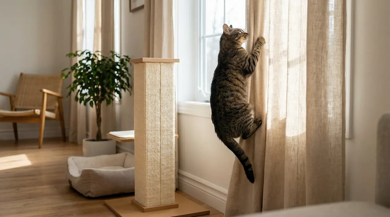 Gatto che si arrampica su una tenda in una stanza luminosa