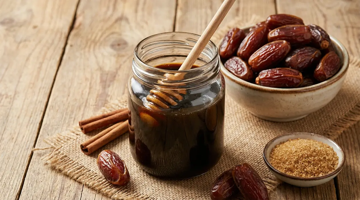 Barattolo di sciroppo di datteri con cucchiaio in legno, datteri interi e zucchero di canna su tavolo rustico