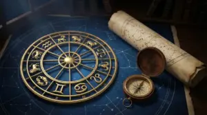 Oroscopo con simboli zodiacali su una mappa celeste accanto a una bussola e un rotolo antico