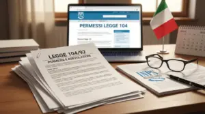 Scrivania con documenti sulla Legge 104, computer portatile e bandiera italiana