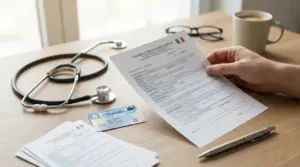 Una persona compila un modulo sanitario accanto a una tessera sanitaria e uno stetoscopio.