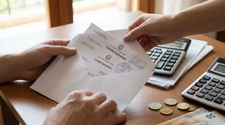 Mani che gestiscono una cartella esattoriale su una scrivania con calcolatrici e denaro