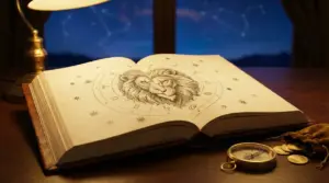 Libro aperto con illustrazione del segno zodiacale Leone e simboli astrologici su un tavolo.