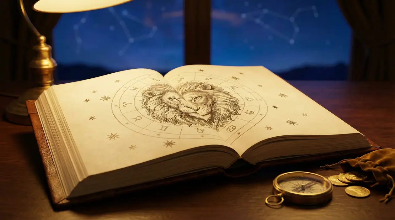 Libro aperto con illustrazione del segno zodiacale Leone e simboli astrologici su un tavolo.
