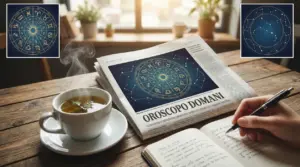 Una tazza di tè, un giornale con simboli zodiacali e una mano che scrive su un taccuino