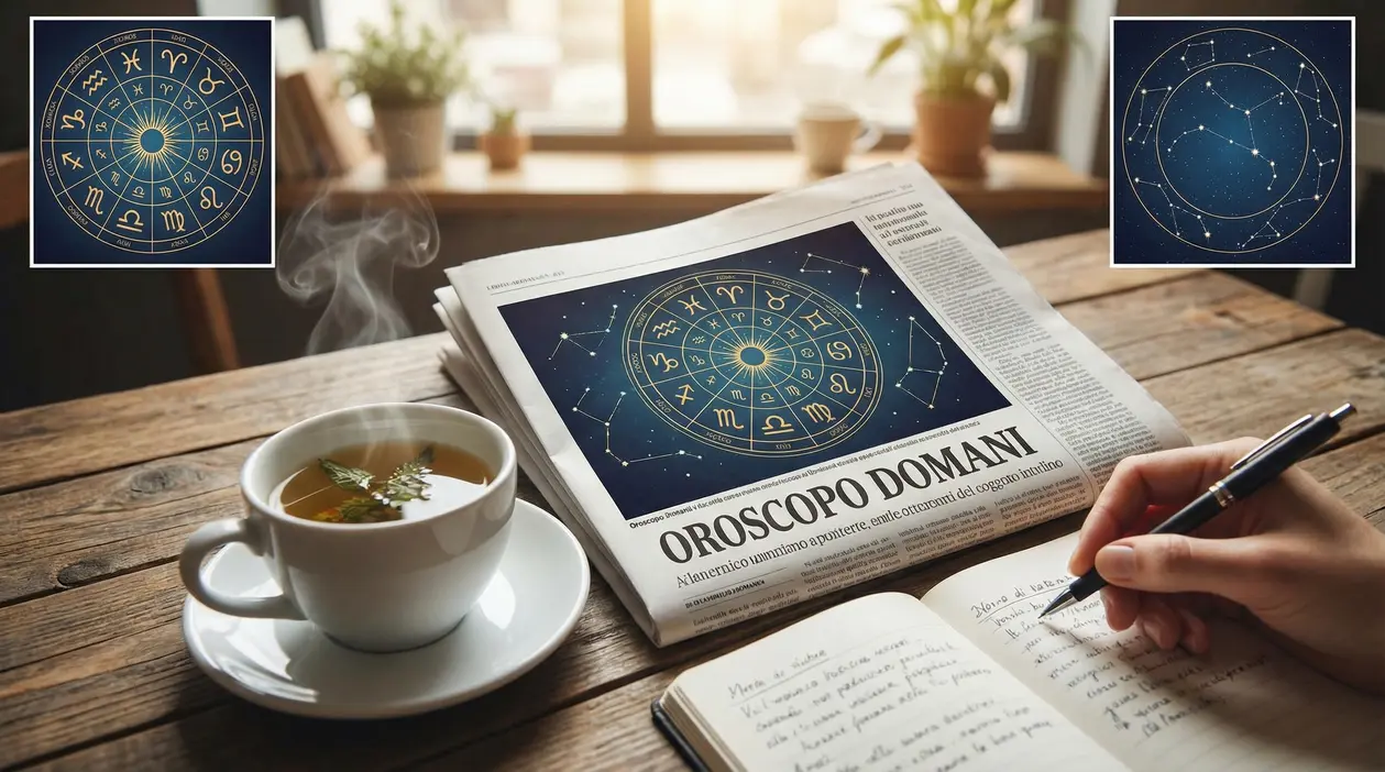 Una tazza di tè, un giornale con simboli zodiacali e una mano che scrive su un taccuino