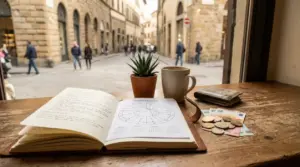 Taccuino con oroscopo, piantina, tazza e soldi su un tavolo vicino alla finestra
