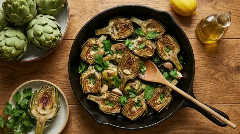 Carciofi alla romanesca cotti in padella con erbe aromatiche