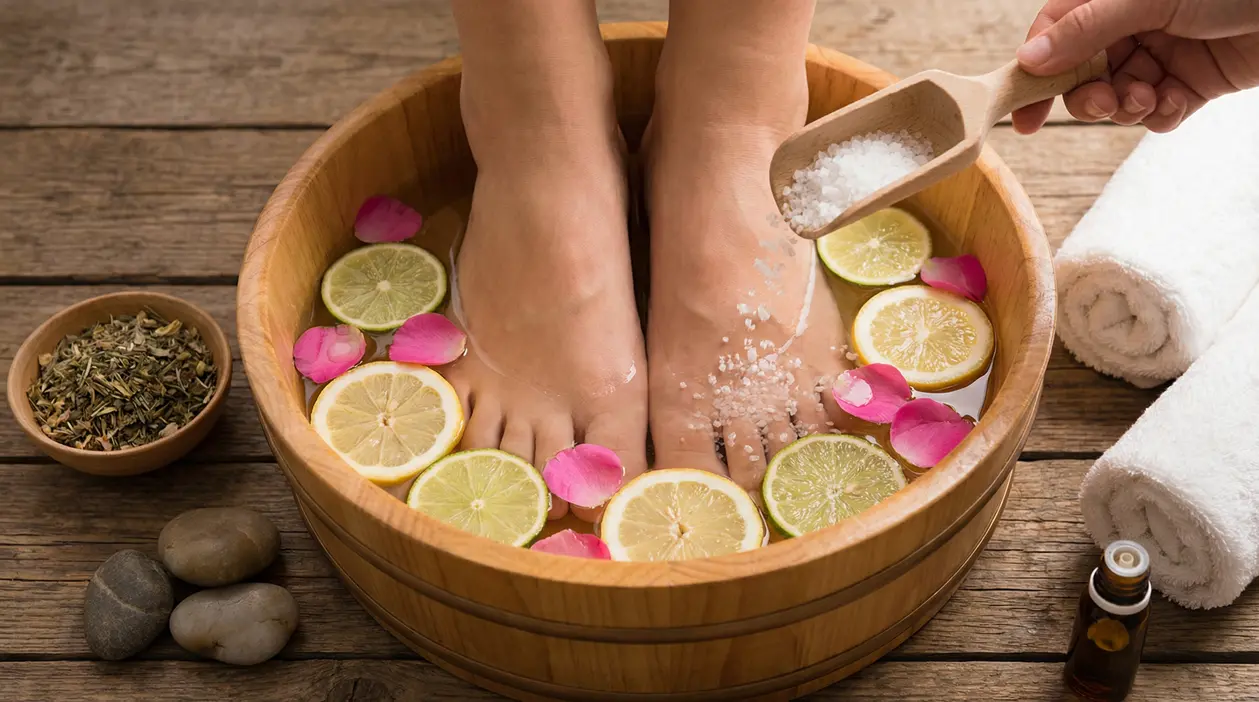 Piedi immersi in un pediluvio con limone, petali di rosa e sali da bagno in una ciotola di legno