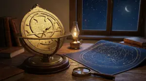 Astrolabio antico su un tavolo con mappa stellare, lente d'ingrandimento e lampada a olio