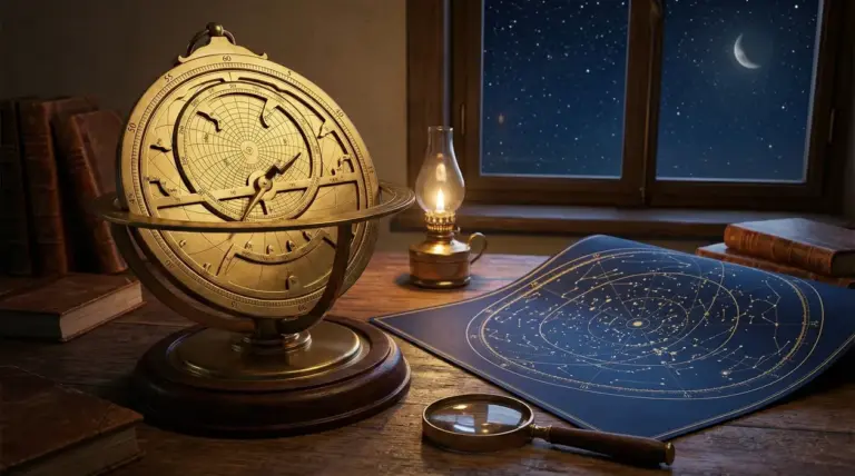 Astrolabio antico su un tavolo con mappa stellare, lente d'ingrandimento e lampada a olio