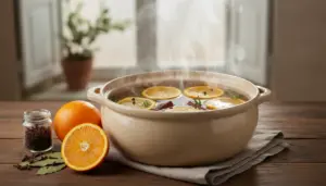 Pentola con fette d'arancia, spezie e vapore su un tavolo in legno, usata per profumare la casa naturalmente