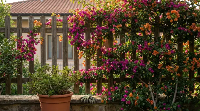 Rampicante fiorita arancione e viola che cresce su una staccionata di legno in un giardino residenziale