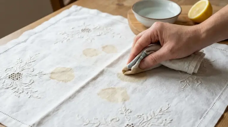 Mano che pulisce macchie marroni su un tessuto antico ricamato con un panno.