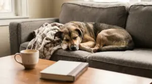 Cane che dorme su un divano grigio accanto a una coperta