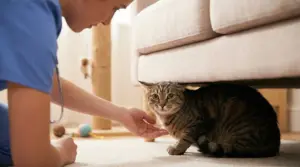 Gatto nascosto sotto un divano mentre una persona cerca di avvicinarlo con cautela