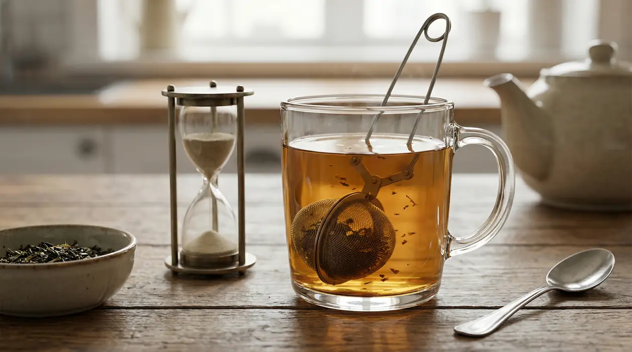 Tazza di tè con infusore, clessidra, cucchiaino e ciotola di foglie di tè su un tavolo in legno