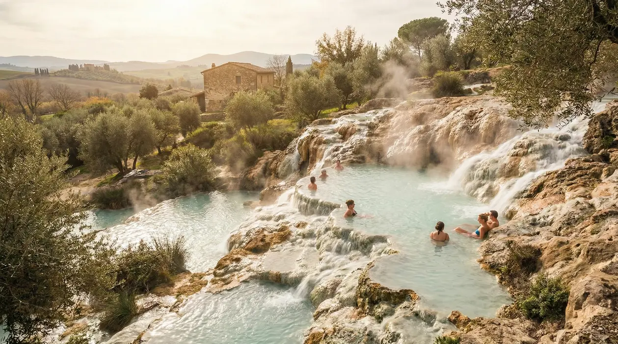 Persone immerse in una piscina naturale con acque termali all'aperto circondate dalla natura toscana