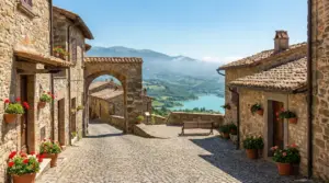 Borgo in pietra con vista su lago e colline verdi in una zona tranquilla d'Italia