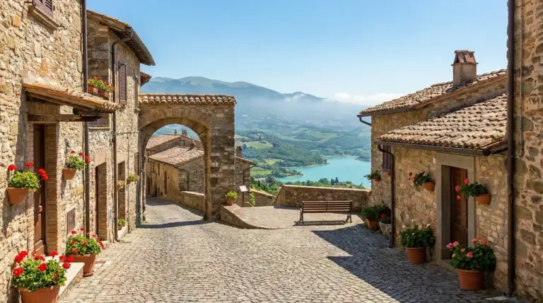 Borgo in pietra con vista su lago e colline verdi in una zona tranquilla d'Italia