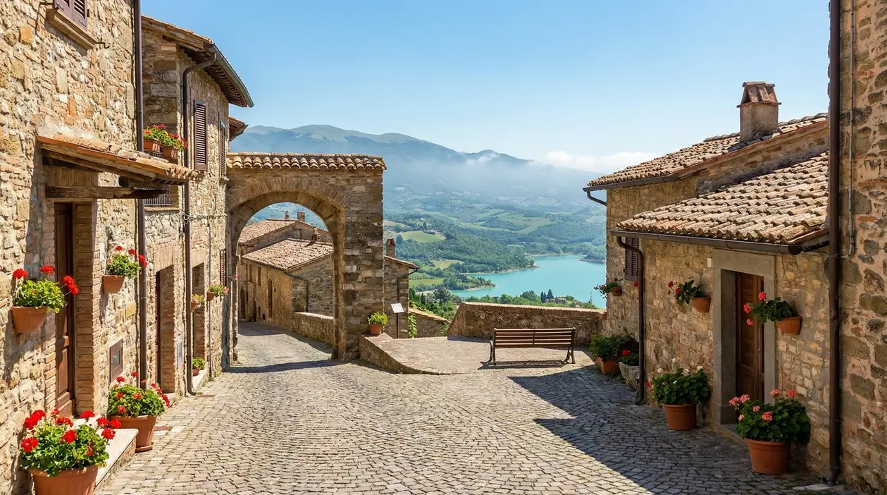 Borgo in pietra con vista su lago e colline verdi in una zona tranquilla d'Italia